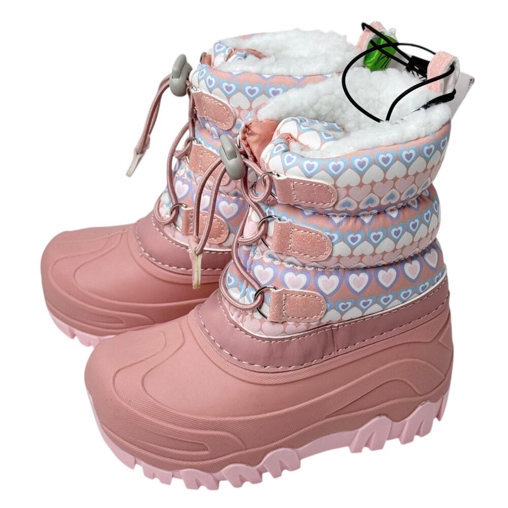NEW Girls SNOW BOOTS 9/10 Fleece Line Pink Boot Winter Water Resist Hearts NWT